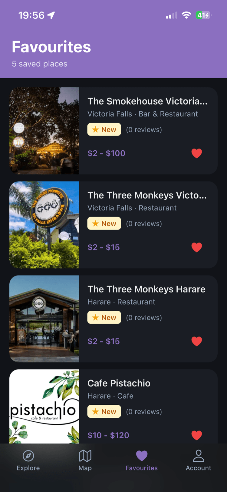 ZimPlaces favourites screen with saved places