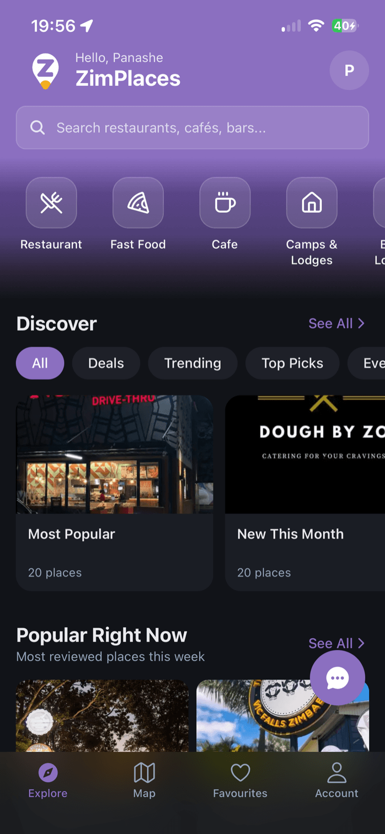 ZimPlaces discovery screen